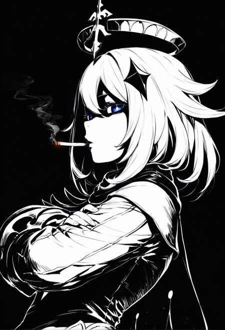 Smooth_Quality, solo, paimon \(genshin impact\), empty eyes, half-closed eyes, annoyed, star-shaped pupils, halo, smoking cigarette, blowing smoke, close-up portrait, short hair, bangs, hair ornament, hair between eyes, white hair, long sleeves, dress, scarf, cape, thighhighs, spot color, shaded face, black and white, from side, dynamic angle, looking at viewer, crossed arms,   <lora:Mature_Comics_Style_-_NoobAI:1>,