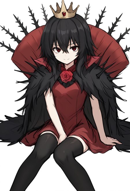 score_9, score_8_up, score_7_up, source_anime, <lora:Lorina bs2 xl pony:0.7>,  LorinaBS2, 1girl, solo, black hair, crown, dress, thighhighs, rose, flower, long hair, white background, red dress, simple background, looking at viewer, smile, cape, red flower, black thighhighs, red rose, fur cape, black eyes, thorns, sketch, hair between eyes, bow, zettai ryouiki, red eyes , cowboy pose, pov, sitting