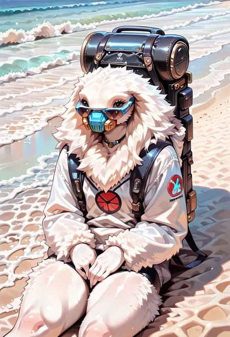 ,masterpiece, 2d, very detailed, (best quality:1.4), amazing quality, very aesthetic, alien, MoroffSW, solo,relaxing, wearing sunglasses,  at a beach, tech backpack,  white fur, fluffy body, fluffy, facemask, black eyes, no ears ,