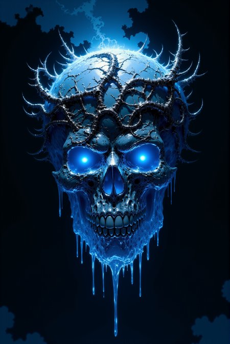 <lora:DGLO_style_v.7:0.75> DGLO style.  A skeletal visage forged from frost and metal hovers in the void, its surface shimmering with icy patterns and cracks that glow with pulsating, electric blue light. The crown-like structure atop its head is a twisted labyrinth of thorny metallic filigree, glowing faintly as if channeling a hidden power. Its empty eye sockets radiate cold, piercing blue beams, while the rows of sharp teeth glisten as though coated with frozen crystal. Long, jagged icicles dangle from its jaw and the edges of the crown, dripping with faint trails of glowing frost. A soft, spectral mist swirls around the skull, diffusing the radiant blue light and adding a chilling aura of mystery. Camera angle: slightly angled upward, emphasizing the skullâs dominance and the interplay of light and shadow.