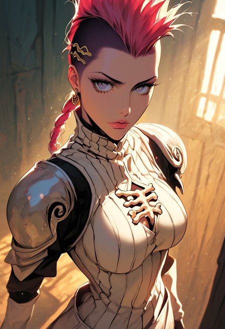 masterpiece,best quality, highly detailed, score_9, score_8_up, score_7_up, score_6_up, source_cartoon,
 BREAK
1girl, Bleach Arrancar Resurrección, bone-white mohawk, (hollow hole through chest), segmented armor (cracking)
BREAK
releasing Gran Rey Cero, from above, Hueco Mundo sands, blood dripping from zanpakuto
 BREAK
dynamic light, warm_light, vibrant colors warm_colors, soft focus, high contrast, textured surfaces, depth of field, golden hour lighting, dramatic shadows, rich details, nature-inspired color palette, playful composition.