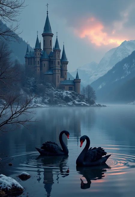 fantasy art, color, romantic, mystical, a castle on the shore of a freezing lake with a two black-red lady-swan swimming, fallen star, photo realism, professional photoshoot, high detailing, vivid colors, chiaroscuro lightining, ultra-sharp, perfection style
