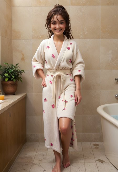 score_9, score_8_up, score_7_up, rating_explicit, HighRes, (master bathroom, vanity, vanity lights, garden tub, marble tiled floor, brightly lit, light yellow walls, white trim, white bath, towels, oval rug on floor), BREAK, 1girl, woman, rin_vispose, an anime girl, (20 years old), adult, adult face, solo, long hair, looking at viewer, brown hair, damp hair, bangs, hair between eyes, smile, teeth, freckles, small breasts,  brown eyes, (plain white terry cloth bathrobe: 1.5), tied at waist, (fully closed robe), (only wearing robe: 2.0), BREAK cute pose, hand on hip, sexy pose, weight on one leg, cute legs. small feet. looking at viewer, standing, (full body), semi-sideways, half-sideways, BREAK simple background, white background