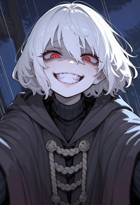 Masterwork, masterpiece, best quality,(very aesthetic:1.2), (absurdres:1.2), newest, ,incredibly absurdres, , amazing quality, very aesthetic, realistic, traditional media, , ,
(by unarsite :1.25), solo, selfie, masterpiece,best quality,absurdres,very aesthetic,highres, 1boy, teen, albino skin, white skin, red eyes, white hair, short hair, wavy hair, textured hair, cool mage robe, turtleneck, evil grin, crazy eyes, vivid eyes, dark theme,blurry background, night, 
, detailed background, detailed face, 
 , action pose, dynamic pose, ,  action lines, motion lines,  [:fantastical costume design,:0.2]
zPDXL3, detailxl, 
strong_ink_lines, sketchy_shading, heavy_blacks, blank_expression, sharp_shadowing, line_art_heavy, lineless, 
748cm_illu, 
,masterpiece, best quality, very aesthetic,
UjVL,
 <lora:748cm_illu:0.4
<lora:KafunXLP_style:0.4> <lora:Poper:0.4>