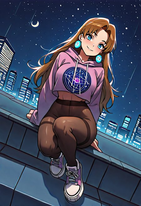 masterpiece, best quality, solo, curvy, beautiful eyes, narrow waist, wide hips, 1girl, solo, smile, looking at viewer, dynamic angle, foreshortening, close up,    zzMolly, molly hale, blue eyes, brown hair, parted bangs, long hair,   ,<lora:MollyHalePokemonIXL:1.0>, [Celestial Streetwear], Oversized moon hoodie, starglyph tights, platform sneakers, alien earrings, Leaning on a rooftop at night, surrounded by cosmic city lights and a starry sky.