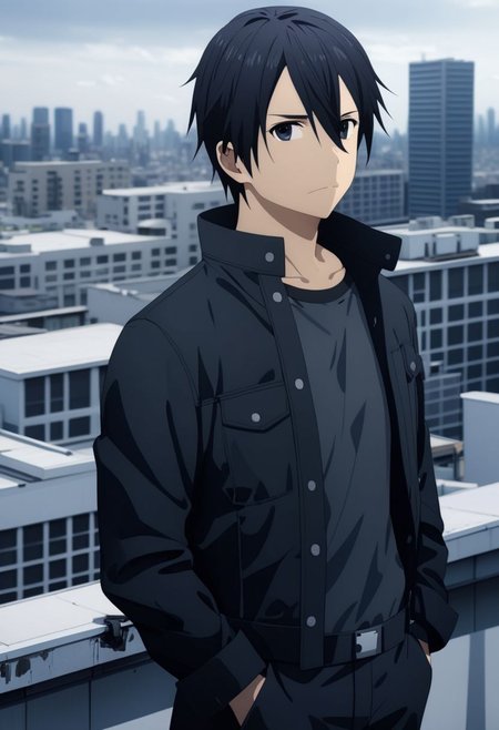 high resolution, professional photography, best quality, 1Boy, Kirigaya Kazuto, Black Hair, Black Eyes, overalldetail, high-rise, roof top, top of building, strong wind, portrait, standing, building, landscape, depth of field