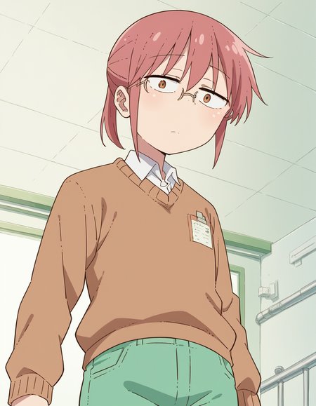 score_9, score_8_up, score_7_up, source_anime, <lora:dragon-kobayashi-s2-ponyxl-lora-nochekaiser:1>, kobayashi, ponytail, pink hair, glasses, short hair, brown eyes,, shirt, long sleeves, white shirt, collared shirt, pants, sweater, brown sweater, green pants,, hospital room, bedside, get well flowers, comforting, quiet, , looking at viewer, from below, solo,, dutch angle,
