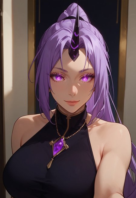 masterpiece,best quality, highly detailed, score_9, score_8_up, score_7_up, score_6_up, score_5_up, score_4_up, Expressiveh, girl, shion high ponytail, long hair, purple hair, purple eyes, parted bangs, single horn, straight bangs, ponytail, dark purple eyes, glowing eyes, huge breasts, selfie, beautiful face, provocative smile,