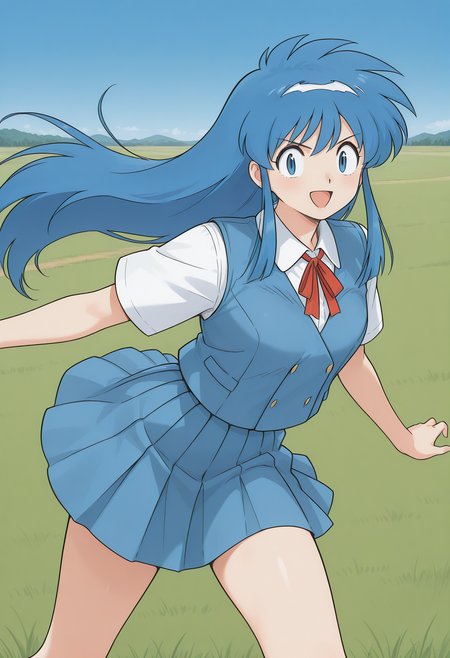 okinu-chan, blue eyes, blue hair, sidelocks, long hair, school uniform, blue vest, collared shirt, short sleeves, pleated skirt, blue skirt, <lora:gs_okinu-chan_illustrious_ver2:0.8> 
smile, open mouth,, masterpiece, best quality, sensitive,, 1girl, solo, blue sky, (grasslands:1.2), looking at viewer,, (dynamic pose:1.4), (upside-down:-1),