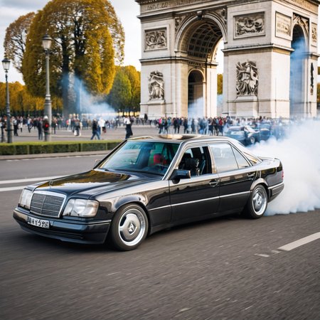 photography of a (black) mercedes W124,  gleaming, drifting, doing a smoky burnout, at the arc de triomphe in paris,  reflections, driving fast<lora:wx124sdxl:1>