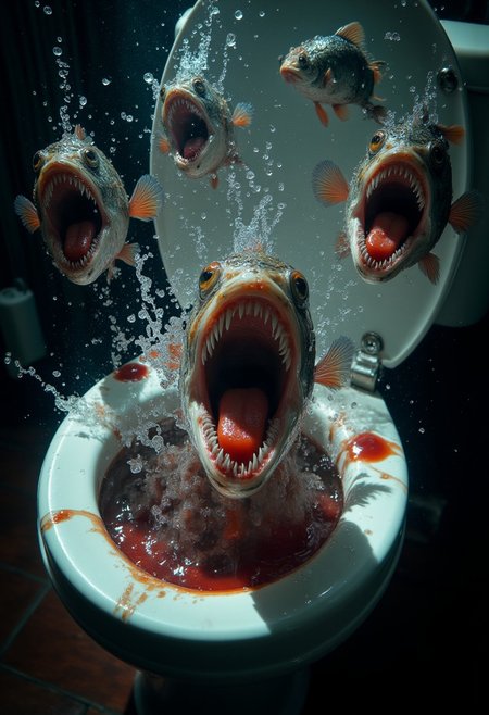 View of the toilet from above. Several small scary piranhas jumping out of the toilet. The piranhas looks very dangerous and angry. The piranhas have sharp teeth stained with red tomato juice and rough scales. Splashes fly in all directions. realistic, higly detailed, vivid colors, dark atmosphere. detailmaximizer, midjourneyv6.1