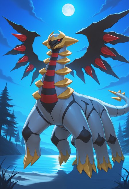 masterpiece,best quality, amazing quality, 1boy,solo, g1r4t1n4_a, pokemon (creature), black wings, colored sclera, red eyes, full body, 6 legs, outside, night, 