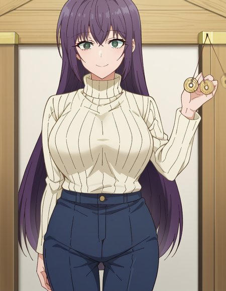 score_9, score_8_up, score_7_up, source_anime, <lora:yutaka-shinozaki-s1-ponyxl-lora-nochekaiser:1>, yutaka shinozaki, long hair, bangs, very long hair, green eyes, purple hair,, large breasts, mature female, long sleeves, pants, sweater, turtleneck, ribbed sweater, turtleneck sweater, blue pants, white sweater, armory, weapons, armor, storage racks, military, smile, <lora:pendulum-ponyxl-lora-nochekaiser:1>, pendulum, holed coin, coin on string, hypnosis, mind control, coin, @ @,, looking at viewer, solo,, dutch angle, cowboy shot