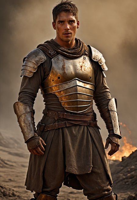 aidenperson, male focus, stubble <lora:aiden_hunk_sdxl_v1-000008:1>, gritty fantasy aesthetic, clad in a worn tunic and reinforced leather armor, dirt and ash streaking his clothing, standing tall in a scorched battlefield with glowing embers in the air, intense gaze, dramatic directional lighting, heroic posture, HDR, photo, award winning masterpiece, Complex Details Showing Unique and Enchanting Elements, Golden Ratio, Dramatic Lighting <lora:JuggerCineXL2:1> Movie Still, Film Still, Cinematic, Cinematic Shot, Cinematic Lighting