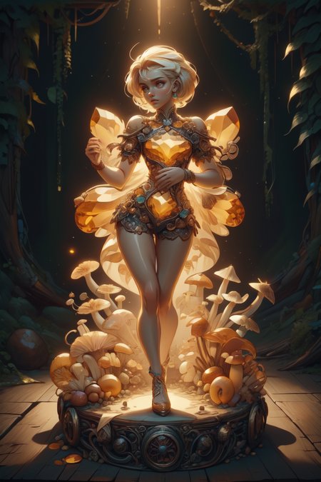 breathtaking 1girl, full shot, full body, <lora:ral-mushroomz:1> mushroomz <lora:citrine-style-darquelilly-v1:1> citrinegemstyle, masterpiece, award-winning, professional, highly detailed, low key lighting, chiaroscuro lighting