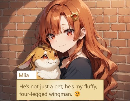 score_9_up, score_9, score_8_up, score_7_up, rating_explicit, source_anime, a lady hugging a rabbit, happy, p3tl0v3, Miia, Lamia appearance, Snake tail, Red eyes, Long orange hair, Bangs, Curvy figure, Scales on lower body, Human-like upper body, Orange hair ornament, Red scale pattern, Miia