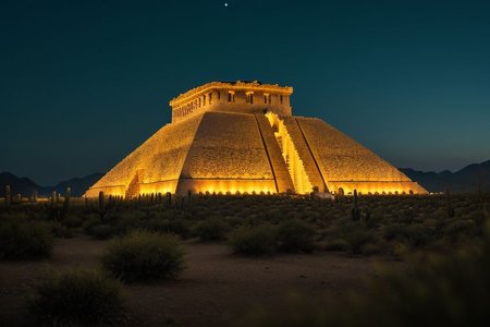 (tall ancient stone towers; 1.39) (ziggurat temple complex emerging from landscape: 1.39) raw photo, moonlight, night photography, high exposure, Arizona desert, Saguaro Cactus, Tall Mesa,  cozy, photorealistic, high detailed texture, 8k uhd, dslr, soft lighting, high quality, film grain, (Fujifilm XT3, Sony A7 IV: 1.19), highly detailed photography, (muted colors, cinematic, dim colors, soothing tones:1.2), vibrant, insanely detailed, hyperdetailed, (dark shot:1.2), (vsco:0.3), (intricate details:0.9), (hdr, hyperdetailed:1.2) (highest coherency: 1.39) (highest quality: 1.39) (rule of Thirds) (award winning) (breathtaking) (masterclass) (vibrant color: 0.79) (distant hillside) (cinematic lighting, David Park, lights,) (purple-green glow)