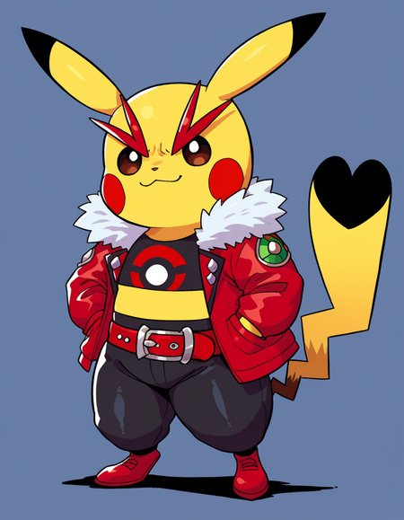 zPDXL, score_9, score_8_up, score_7_up, score_6_up, score_5_up, source_anime, 4k, absurdres, 1girl, solo, 
<lora:Cosplaychu_v1-1-20:0.8>, cosplay pikachu, pokemon \(creature\), pikachu ears, pikachu tail, feral, eyelashes, shortstack, flat chest,
rockchu, thick eyebrows, red eyebrows, v-shaped eyebrows, red jacket, fur-trimmed jacket, red belt, black pants, red footwear