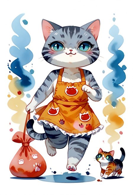 score_7_up, score_8_up, score_9, (full body:1.15), cat, animal kitten, chibi animal cat, Kus1cat, Chibi Art Style, fur, 
cute cat, game character, very cute, chef, watercolor style, watercolor, 
(gray striped cat with an apron running with a sack of flour:1.21),
(cute kitchen detailed background:1.23), HQ,