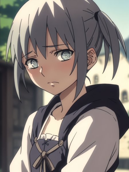 <lora:happy_tentacle-oboro-v0.3-000020:0.9>, ht_oboro, grey hair, small breasts , upper body, 1girl, solo focus,(crazy eyes:1), outdoors, medieval, town , backlighting, depth of field, , (petite:1.2), score_9, score_8_up, score_7_up, score_6_up, score_5_up, score_4_up,