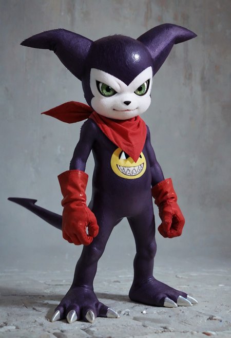 score_9, score_8_up, score_7_up, score_6_up, impmon, digimon (creature), solo, purple skin, green eyes, red bandana, red gloves, tail, realistic