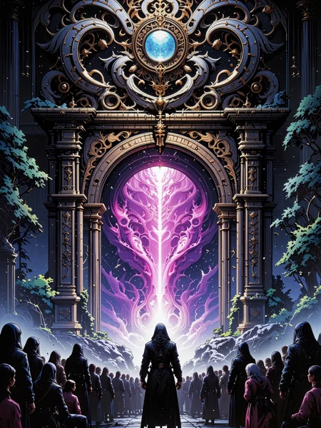famous fantasy painting of a strange eldritch portal, archway, magic portal, a crowd of hooded robed figures gathers around the mysterious structure, highly aesthetic, high resolution, hyper realistic, 8k, 4k, low angle view, dramatic composition, epic, accurate, at night, dim lighting, beckoning, the children of the night, the spirits of the undead, and the lesser lights, now the time has come to reach out, we must heed their calls, when strange gateways beckon, obsidian black and fuchsia and anthrazit grey and aubergine purple and viridian and dresden blue, deadly yet beautiful, ancient temple background with ominous lighting, crawling chaos, eldritch vapors, eldritch glow, ethereal light, lovecraftian, cthulhu mythos, dvr-dm-flux, g0thicl1nes, <lora:style-dan_mumford-flux-by_dever:0.8> <lora:style-mythic_fantasy-gothic_lines-flux-by_velvets:0.88> <lora:style-retro_anime-flux-by_lizardman245:0.24> <lora:epic_gorgeous_details-balance-flux-by_flyway:0.48>