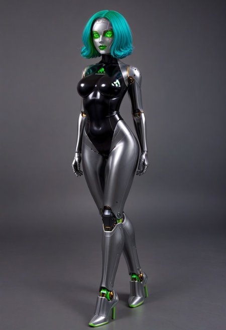 solo, A 35mm full length photo of  a beautiful 20 year old woman, she is a humanoid robot , robotic body, emerald green robotic eyes, freckles, smooth featureless silver grey robotic skin, robotic aerials, metallic dark blue hair, elegant black latex bodysuit with white trim
TheFaceLess