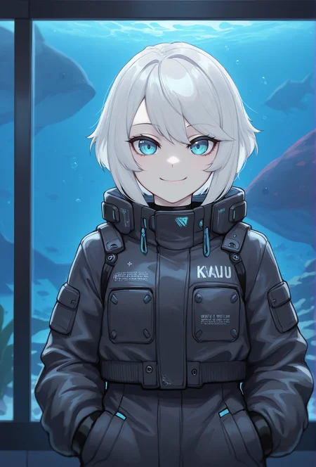 (masterpiece, best quality, very aesthetic, absurdres:1.2), 1girl, science fiction, aquarium, pale skin, white hair, straight-on, jacket, looking at viewer, smile, <lora:k-rha_style_illustrious_v1.2-locon:0.85> krhastyle, blue eyes