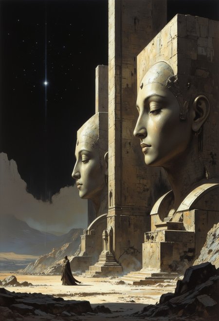 A high-quality, zoomed out, panoramic, atmospheric Sci-fi painting featuring two colossal, rectangular, monolithic ancient stone statues of serene faces under a starry night sky, placed next to each other in a row. The statues, with cracked, weathered textures, dominate the biggest part of the image enhancing the epic scale of those sky high structures. A small figure, robed in flowing garment  stands in awe in front of them. The lighting is dramatic, highlighting the statues' features. The overall aesthetic quality is very high, blending realism with fantasy. The lighting is dramatic enhancing the enigmatic scene and the eerie in mysterious haze drenched atmosphere. Ivory, grey and light brown hues. Finest details, ultimate detail level, masterpiece, highly artistic, best composition.