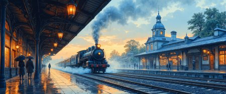 A vanishing point perspective of a vintage train station platform at dusk, rendered in dreamy watercolor washes where sapphire blue and amber hues bleed softly into one another. Translucent steam from a departing locomotive diffuses into the twilight sky, its edges purposefully undefined with wet-on-wet technique. Platform lamps cast gentle golden orbs of light that reflect in rain-slicked wooden boards, created with granulating pigments that settle into paper texture. Silhouettes of waiting passengers with umbrellas blend into transparent layers of mist, their forms suggested rather than defined. Distant architecture fades progressively lighter with atmospheric perspective, while foreground details exhibit controlled blooms of pigment. Masterful glazing techniques create depth through multiple translucent layers, with intentional backruns adding organic texture to the scene's periphery. The composition balances delicate line work with luminous color bleeds to capture the ephemeral quality of fading daylight. <lora:ArtNouveau2Flux:0.1> <lora:zyd232_Ink_Style_Flux1D_v1_1:0.1> <lora:openart_Surreal_Anime_III_20250104_025344:0.4> <lora:FluxMythR3alisticF:0.3> <lora:flux_dev:1>