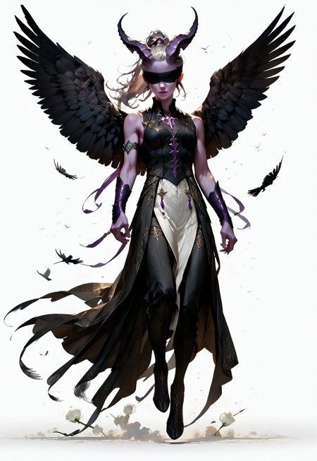 (absurdres, best quality, masterpiece:1.4), 
score_9, score_8_up, score_7_up, score_6_up, 
detailed, 
detailed body, 
detailed face, 
(((smooth skin, unbroken skin, detailed skin))), 
fantasy, 
alone, 

female, 
tiefling, 
h0rns, 
ram horns, 
black horns, 
tall, 
((((purple skin)))), 
((long grey hair, ponytail)), 
(((wingsd, black wings))),

floating, flying, wings open, 

(white robe, sleeveless, 
blindfold, black cloth blindfold), 

(((white background, plain background))), 
full body, 
front view, 