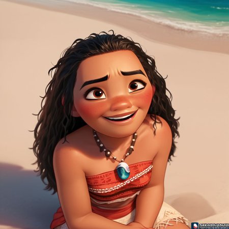 score_9, score_8_up, score_7_up, score_6_up, score_5_up, score_4_up, rating_explicit, Moana, on the beach, sitting, small breasts, embarrassed smile, blushing, lots of pubic hair, looking up at viewer, sandy skin, messy hair, light brown eyes, necklace