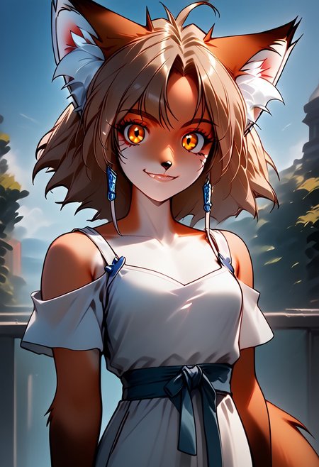 score_9, score_8_up, score_7_up,  delica_style BREAK
1girl, solo, medium hair, looking at viewer, smile, dirty blonde hair,  sci-fi city background, small breasts, smile,  anthro Foxgirl, Fox ears, Fox tail, furry face, two tone furry face, skinny, thin, with golden eyes, animal nose, fox ears, fox tail, blue fingerless gloves, jewelry, earrings, sci-fi utopia background waving, white sundress, portrait, dutch angle,
<lora:delica_pdxl-000016:1>