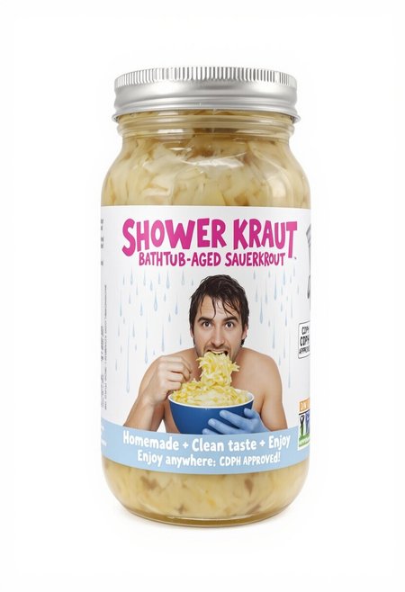 A jar of sauerkraut with a comical and absurd label design. The label reads 'SHOWER KRAUT' in bold pink letters, with a tagline below saying 'Bathtub-aged sauerkraut.' The design includes an image of a man with wet hair, seemingly in a shower, eating sauerkraut from a blue bowl. The background shows a showerhead and water droplets for added humor. Additional text at the bottom of the label says 'Homemade • Clean taste • Enjoy anywhere,' with a fake certification stamp labeled 'CDPH APPROVED.' The overall color scheme is playful and emphasizes the absurdity of the product concept
