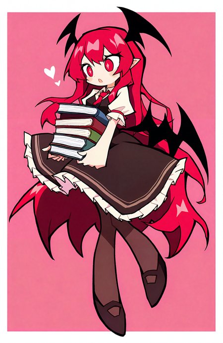 koakuma, 1girl, solo, long_hair, blush, open_mouth, simple_background, shirt, skirt, red_eyes, dress, holding, very_long_hair, white_shirt, full_body, short_sleeves, heart, pantyhose, red_hair, wings, necktie, pointy_ears, puffy_sleeves, black_footwear, vest, :o, puffy_short_sleeves, book, border, pink_background, red_necktie, bat_wings, head_wings, holding_book, black_vest, book_stack