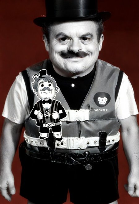 ((((((black and white,black shirt, belt, stubble, red theme, shorts, greyscale, 1boy, life vest)))))),((small man with mustache, top hat, kenbis, chibi, chibi, male only, male, male chibi, monocle, art deco, thick mustache, comically large mustache, handlebar mustache, tiny, multiple men, shrunk, microxl, some little guys,  high angle, from above)), bwMovies, realistic, photo, vintage photo, ((very small man, small man, a small man, a man who is small, a small man)), an unapologetically small human male, black and white, smiling, very happy, euphoric, ecstatic, wonderful small men, large smile, huge smile
