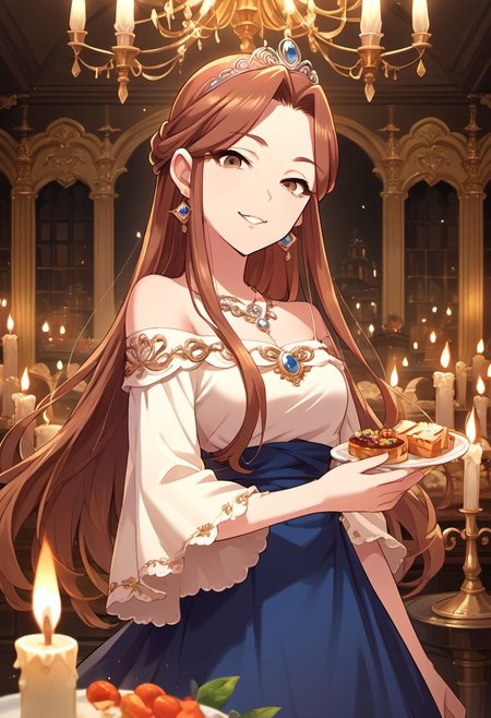 score_9, score_8_up, score_7_up, source_anime, zaizen tokiko, long hair, brown hair, brown eyes, 1girl, dress, jewelry, earrings, solo, necklace, off-shoulder dress, food, looking at viewer, candle, smile, tiara