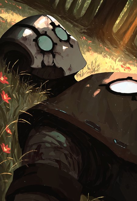 masterpiece, highres, absurdres, newest, very awa, detailed illustration, painting \(medium\),  aoi ogata, nox_wakfu, negative space, face focus,  1boy, damaged mask, (bandages:1.1), no eyes, lying, on back, forest, vegetation, grass, flowers, sunlight, sunbeam, from above, dutch angle,  depth of field,   <lora:spo_sdxl_10ep_4k-data_lora_webui>,  <lora:NOOB_EPSv1_1_detailer_by_vlnvk_v1_0>, <lora:noobai_ep11_stabilizer_v0.30_fp16>, <lora:96YOTTEA-WAI:0.8>, <lora:Nox_wakfu (illust_v1):0.8>