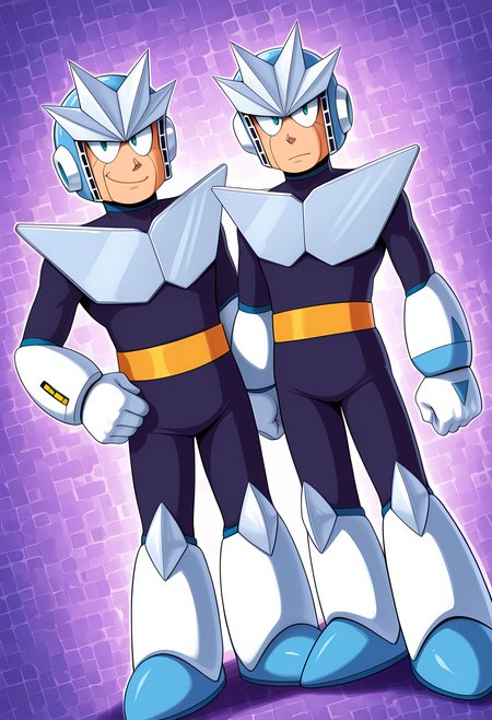 masterpiece, best quality, amazing quality, dutch angle, abstract background, BREAK
2boys, twins, male focus, mm3_gemini, helmet, android, robot, BREAK
<lora:cfg_scale_boost:.6>  <lora:Gemini_Man_-_Mega_Man_3_-_ILXL:1>