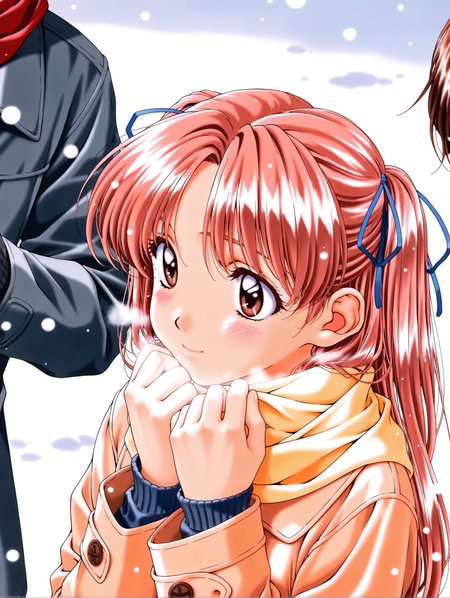 masterpiece,best quality,newest,
1girl,solo,
retro artstyle,<lora:sawatari_honoka_ilxlv1.5:1>,s_honoka,pink hair,hair ribbon,two side up,long hair,brown eyes,
simple background,white background,<lora:Fixhands_anime_bdsqlsz_V1:1>,
blush,snowing,solo focus,snow,scarf,1boy,coat,long sleeves,hair bow,