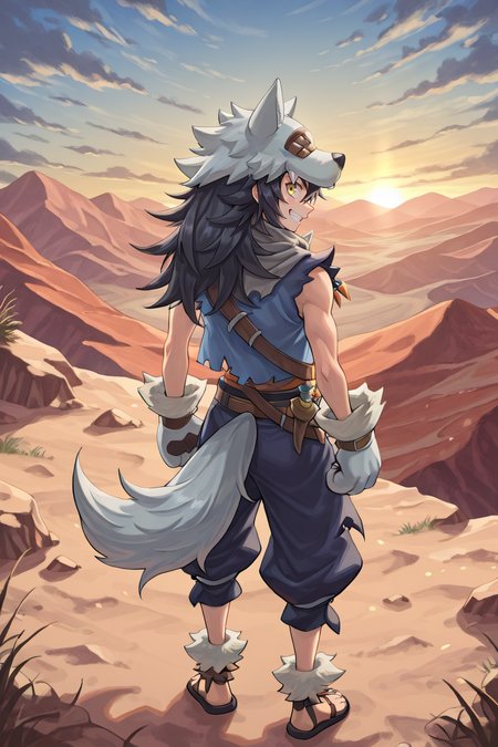 <lora:FlunkyIL:0.8> , fludef, 1boy, black hair, long hair, yellow eyes, wolf hat, wolf hood, wolf pelt, wolf tail, grey scarf, bandana around neck, necklace, tooth necklace, fur trim, blue vest, torn clothes, paw gloves, sandals, full body, wasteland, mountains, exterior, from behind, looking back, grin, (solo), masterpiece, very aesthetic, absurdres, best quality, amazing quality, high resolution, detailed background,  <lora:illustrious_quality_modifiers_masterpieces_v1:0.8> , <lora:ChamIllustriousBackgroundEnhancer:0.5>