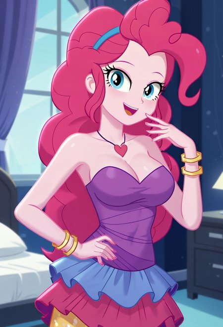 (High Resolution), (More Details), (8K), (High Resolution), score_7, score_8, score_9, Pinkie pie, equestria girls, Bracelets, skirt, skirt rah rah Purple sleeveless dress, off the shoulder, yellow capris tights with colored spots, Sexy and sensual model body, pose, seductive and flirtatious look, beautiful, attractive, Big breasts, Slim waist, abdomen, perfect, Heart necklace, Excellent drawing, Sexy poses, Seductive look, Smiling, Touching her breasts, touching her body, Posing in a hotel room, Next to a hotel bed, Hotel window, at night Very excited, expression of excitement, very excited body, Toned and perfect abdomen, Very erotic and sensual poses, A hand on the waist, a seductive and flirtatious look