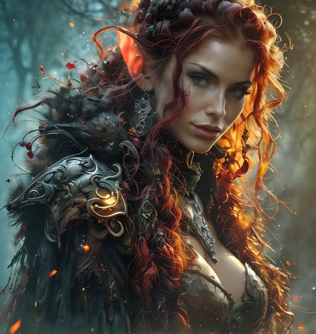 RAW photo, (masterpiece:1.3), subsurface scattering, heavy shadow, (high quality:1.4), (intricate, high detail:1.2), professional photography, HDR, High Dynamic Range, realistic, ultra realistic, photorealistic, high resolution, film photography, ambient lighting, atmospheric effects, <lora:detail_slider_v4:2>, OverallDetail,  <lora:PinupPixie:0.6>, PinupPixie,  as a female wildelf ranger, wild hair, dynamic pose, <lora:Wildelf:1>, auwo, DarkFantasy, in a clearing in a magical autumn woods, sunlight, godrays, <lora:AutumnWoods:0.7>, epiCPhoto <lora:cleavage:-1>