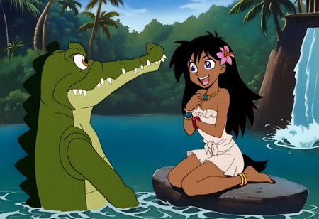 Tick tock crocodile,male animal focus,tail, crocodile open large mouth ,green skin, blue eyes, Tick Tock the crocodile is giant and very huge size,teeth, swimming in water,partially submerged,Tick Tock the crocodile looking at a young girl who she is sitting on rock cliff. Little_Girl_anime_manga,long hair, black hair, dark-skinned female,the girl her very smal size, purple eyes, et egyptian_clothe, chest_band,pink very long_tropical_dress, jewelry, dark skin, smile, necklace,hair flower, bracelet, anklet_grass, barefoot,open mouth,river,palm trees, jungle,temple, Disney, waterfall,anime, manga
