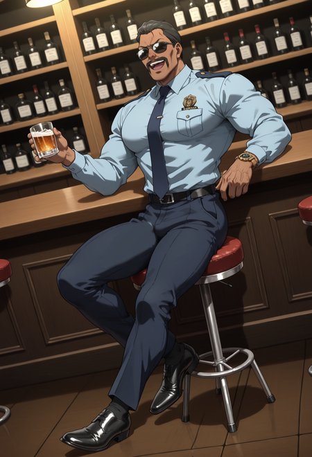 BREAK anime color,dutch angle,from_side,full_shot,(solo),1boy,male focus,
full-length portrait,sit on a stool,holding cup,vodka,
masculine face,daddy looking face,masculine,wrinkle,Villain,thug,
Abrego,Black hair,sunglasses,mustache,<lora:Abrego__Black_Lagoon:0.8>,
:d,open mouth,
police_uniform,dark blue pants,light blue shirt,dark blue tie,formal attire,long_sleeves,large leather shoes,pure black socks,1 only feet with no shoes sticking out,foot odor,
tlarger men,Big body,broad shoulders,stocky_body,big muscule,
Dark skin,Muscled,narrow waist,toned body,
large pectorals,
detailed face,detailed body,perfect anatomy,
masterpiece,best quality,amazing quality,
k0n0hanaya,<lora:-Konohanaya:0.4>,
Hotcha,<lora:hots_r1:0.2>,<lora:cfg_scale_boost:0.2>,<lora:NAI_QualityV1.1:0.4>,<lora:add-detail-xl:0.7>,
multicolored_background,bar,men's watch,