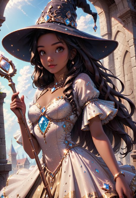 masterpiece, best quality, highly detailed, score_9, score_8_up, score_7_up,  detailed background,
detailed face, detailed eyes, perfect anatomy, perfect hands, detailed hands, 1girl ,((dark-skinned female)), very long hair, hair, dark brown eyes, cute face,  diamondMW, countless diamonds, diamond dress, diamond witch hat, diamond staff, staff in hands, diamond dust, sparkling diamond, dutch angle, cowboy shot,