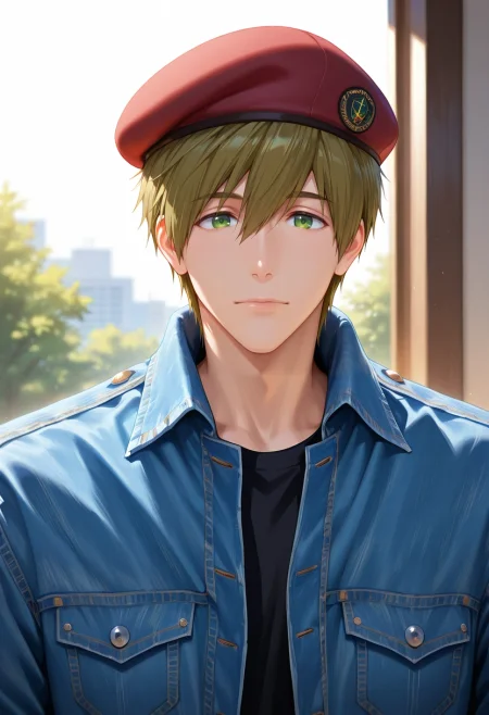 masterpiece, best quality, , (realistic:0.6), looking at viewer, 1boy, solo, male focus, <lora:makoto_tachibana_ilxl:0.9>, makoto_tachibana, brown hair, green eyes, hair between eyes, tachibana makoto, , denim jacket, beret