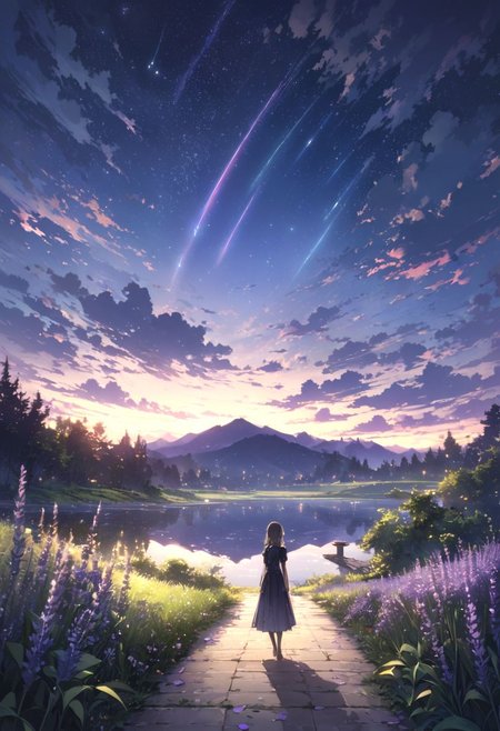 detailed background,( Calm spring night landscape), amongst lush greenery, beautiful view, lavender in full bloom, lavender, early morning, sunrise sky, beautiful clouds, dappled sunlight, beautiful detailed stars, shooting stars, Tranquil Lake, Walkway, petals dancing in the wind, depth of field, masterpiece, best quality, ultra-detailed, very aesthetic, illustration, perfect composition, intricate details, absurdres, moody lighting, wisps of light, no humans,