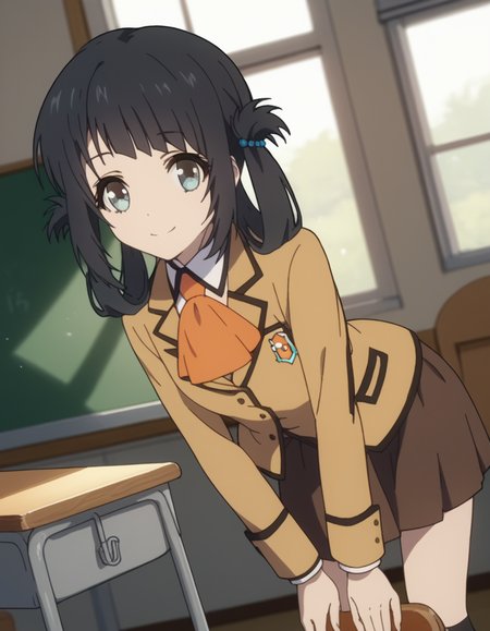 score_9, score_8_up, score_7_up, source_anime,
miunashiodome, <lora:miuna-shiodome-s1-ponyxl-lora-nochekaiser:1>,
miuna shiodome, long hair, blue eyes, black hair, twintails, hair rings, folded hair,
skirt, school uniform, socks, blazer, neckerchief, long sleeves, brown skirt, brown blazer,
indoors, classroom, bent over, smile,
looking at viewer, cowboy shot, dutch angle, solo,