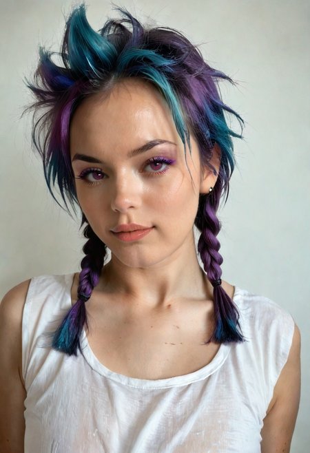dark purple eyes, short hair, blue dyed hair, low twinbraids, spiked hair,